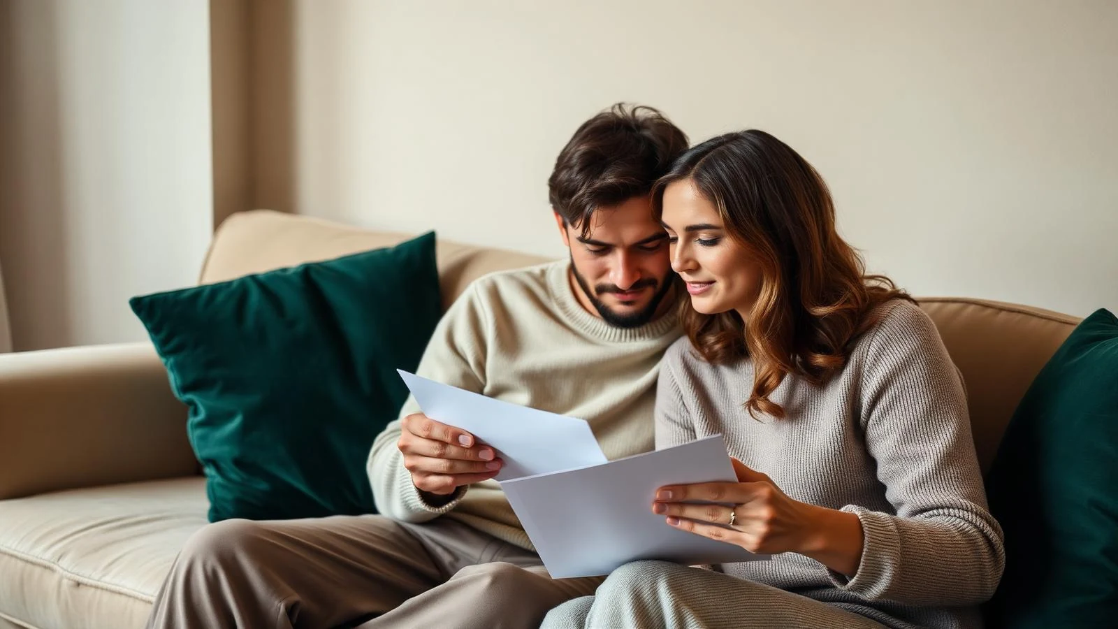 Couple lisant ensemble un document patrimonial dans son salon