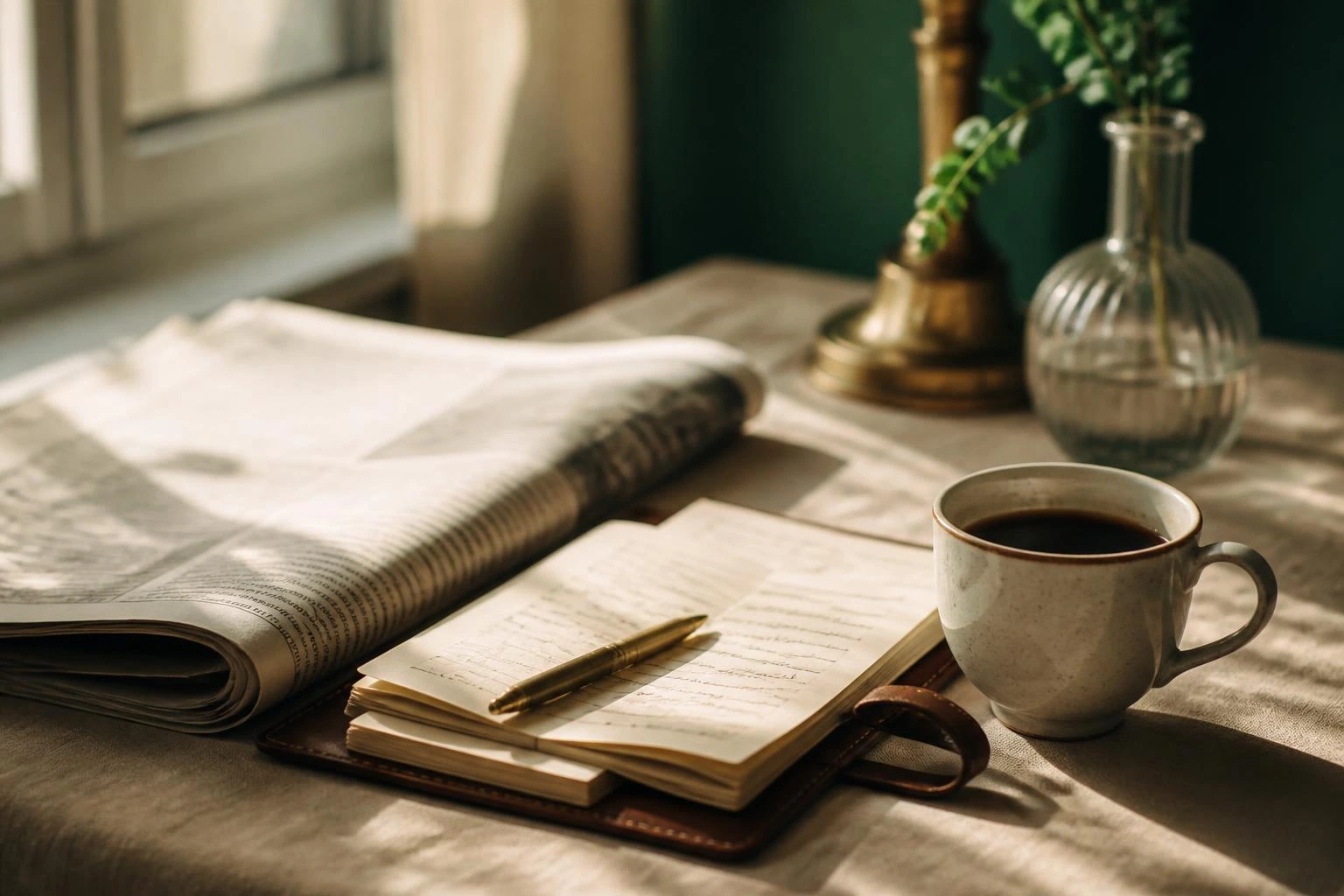 Presse, carnet et tasse de café sur une nappe de lin dans la lumière du matin