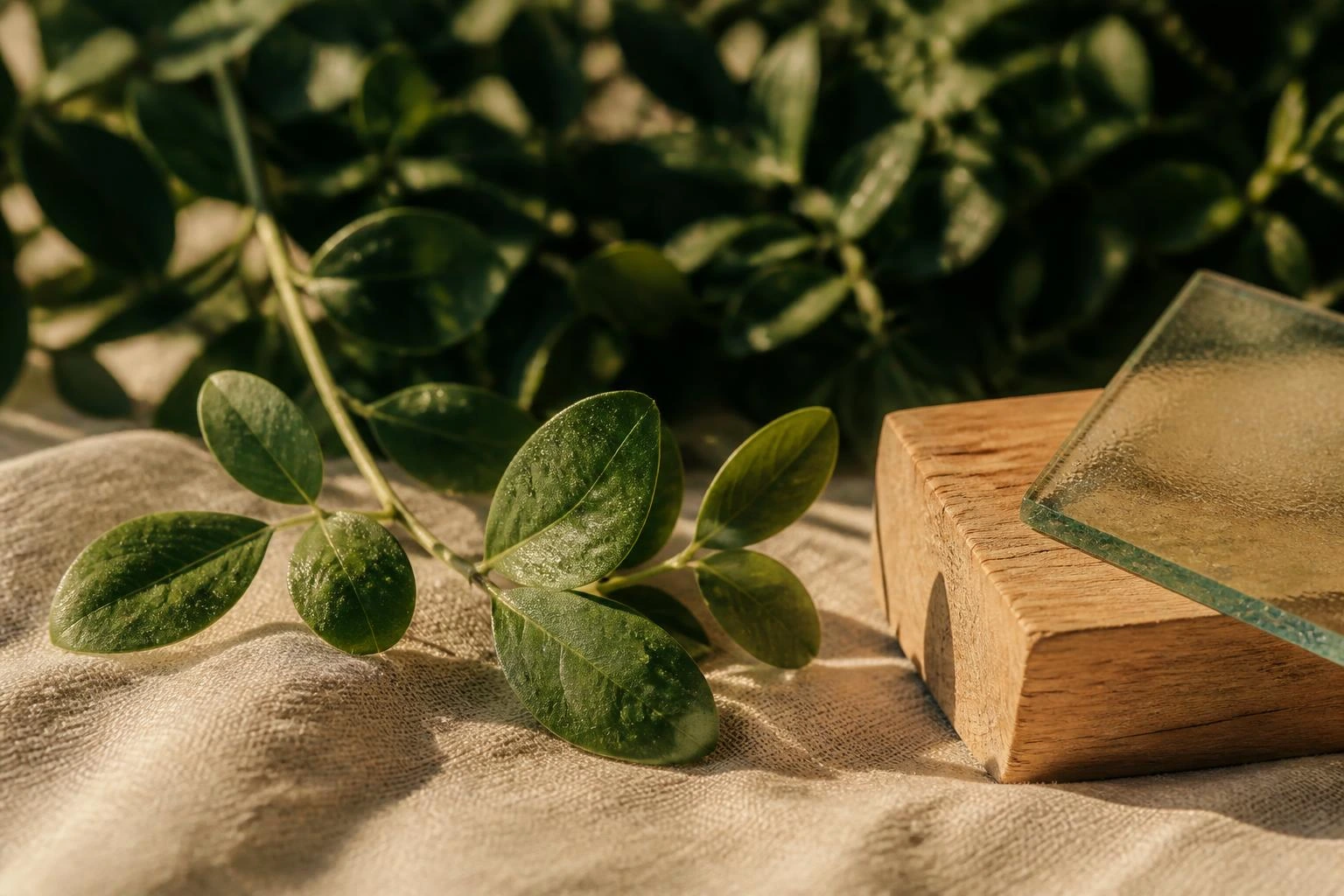 Feuillage vert, bois brut et verre dans une lumière naturelle chaude