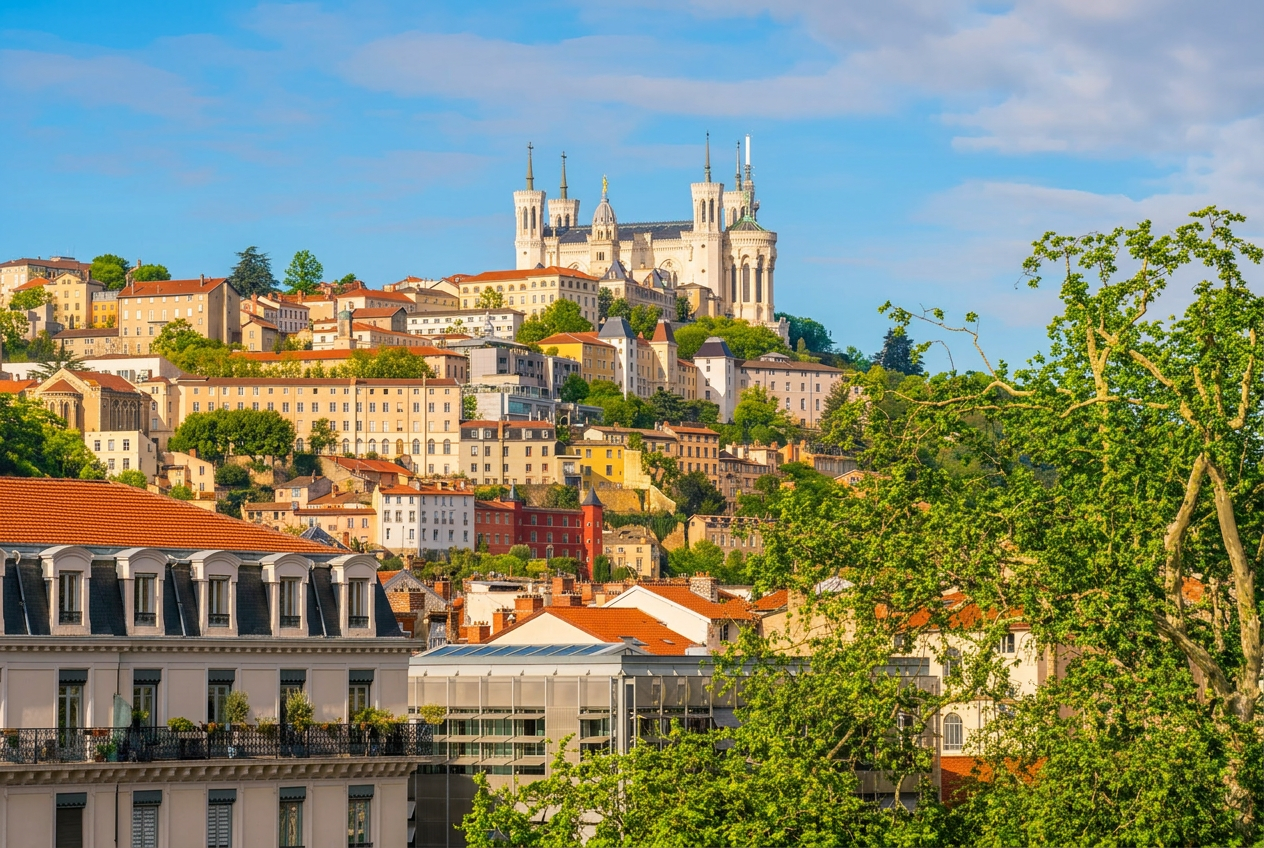 Basilique Notre-Dame de Fourvière surplombant les toits de Lyon à la lumière dorée