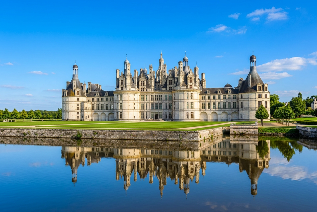 Château de Chambord et son reflet dans le Cosson, Val de Loire