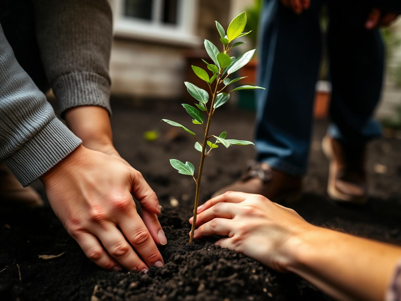 Deux paires de mains plantant un jeune arbre dans une cour, illustration de l’engagement durable du cabinet